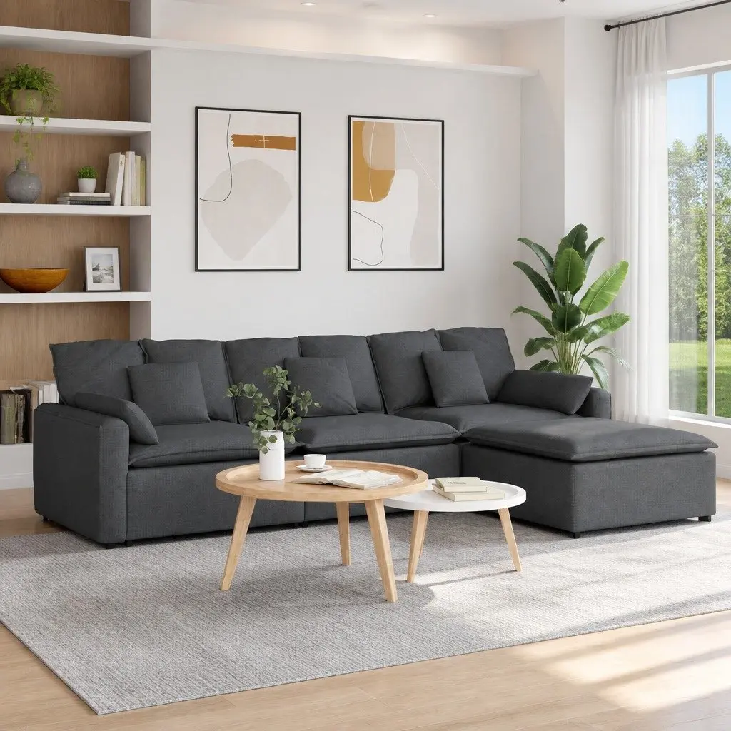 Modular Sectional Sofa with Footstool in Grey