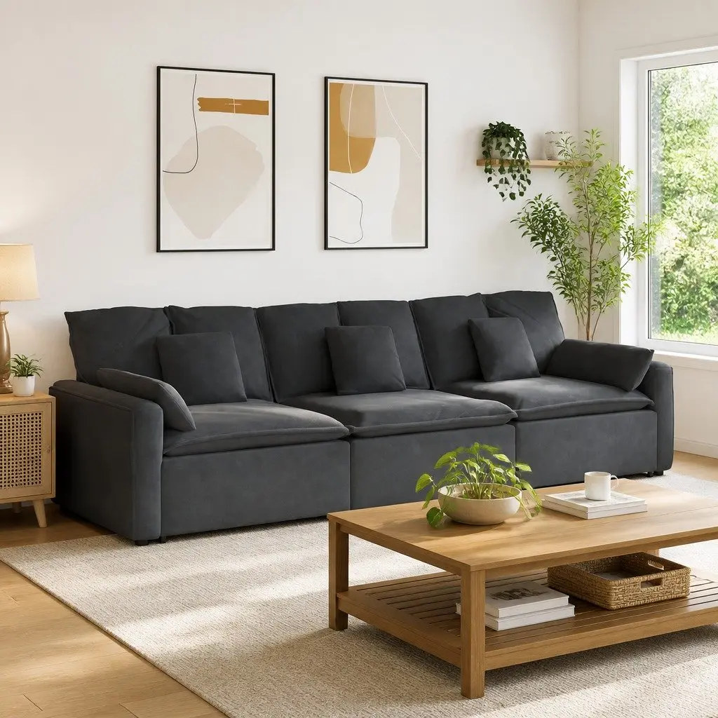 Three-Section Modular Sofa with Grey Velvet Cushions