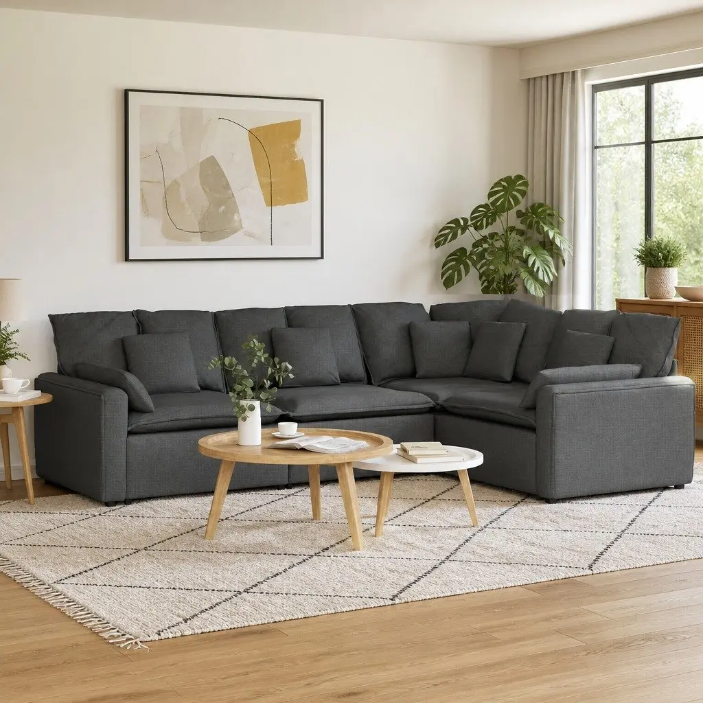 Four-Section Grey Fabric Modular Sofa with Cushions