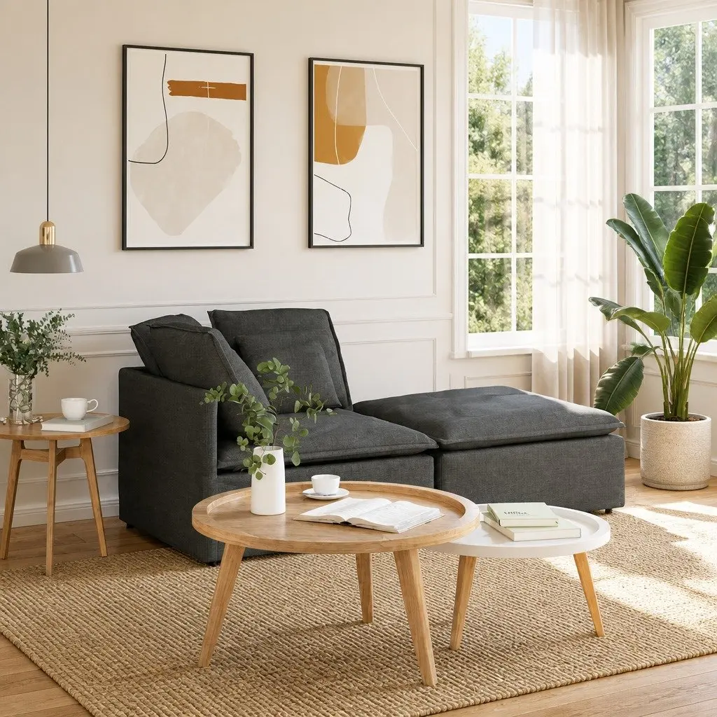 Modular Sectional Sofa with Footstool in Grey