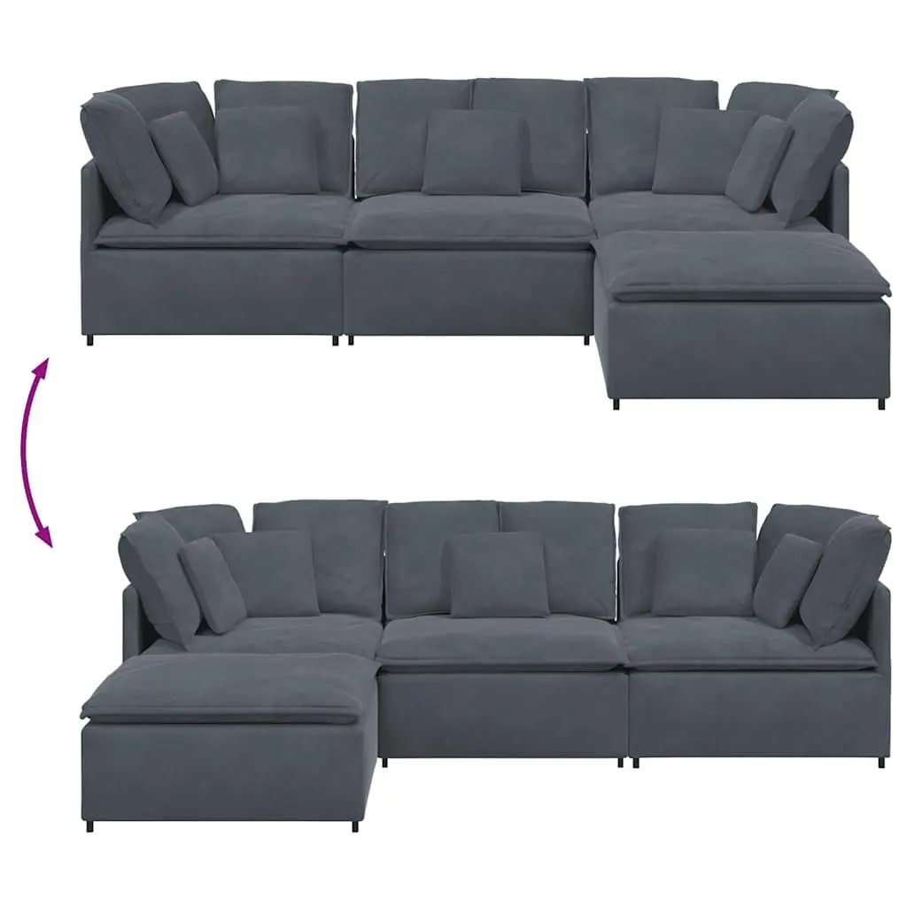 Modular Sofa Velvet Grey Four Sections with Footstool
