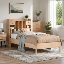 Solid Pine Wood Bookcase Bed Frame 90x190cm