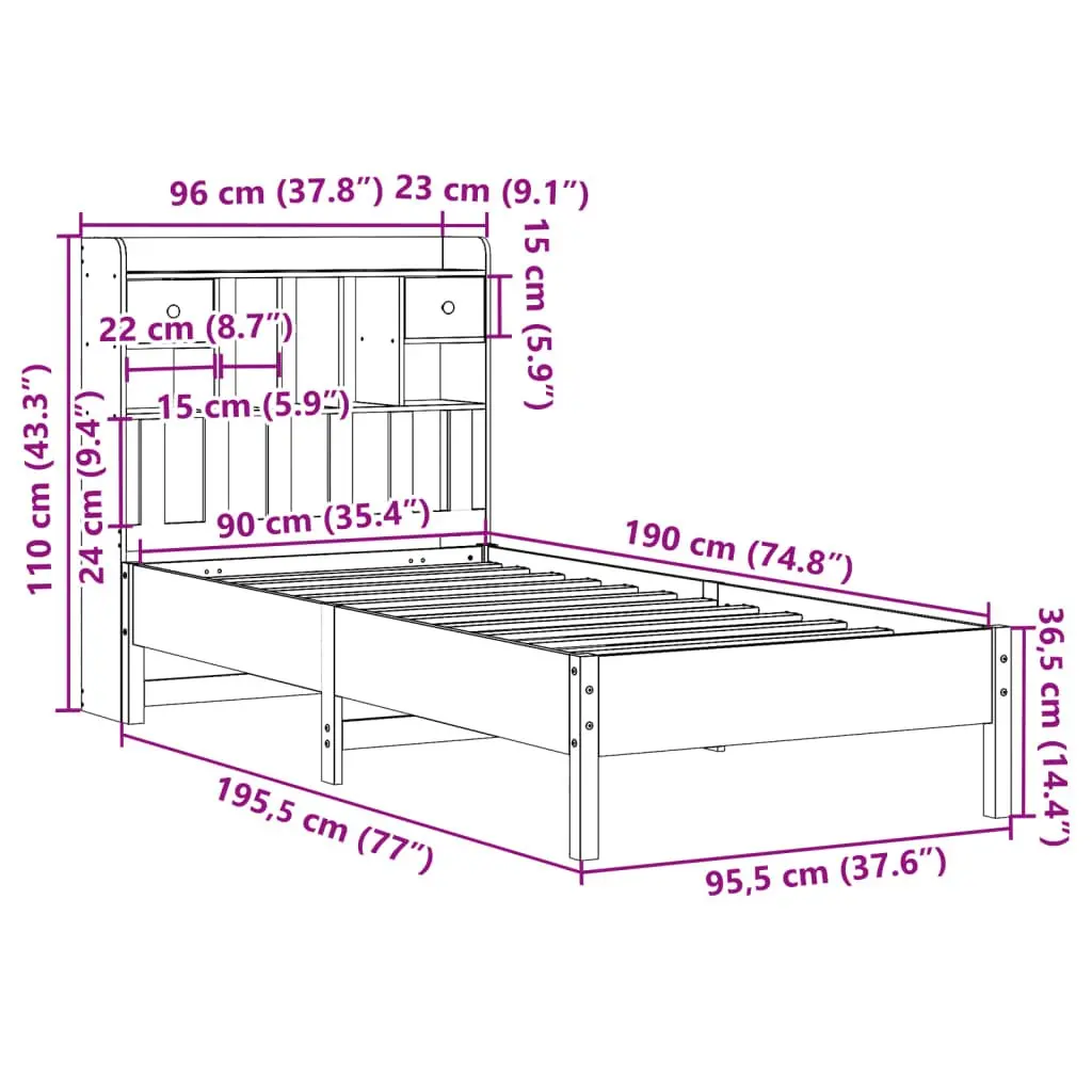Solid Pine Wood Bookcase Bed Frame 90x190cm