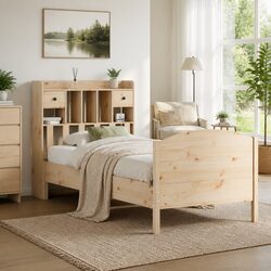 Bookcase Bed Frame 90x190cm Solid Pine Wood Storage Headboard Brown