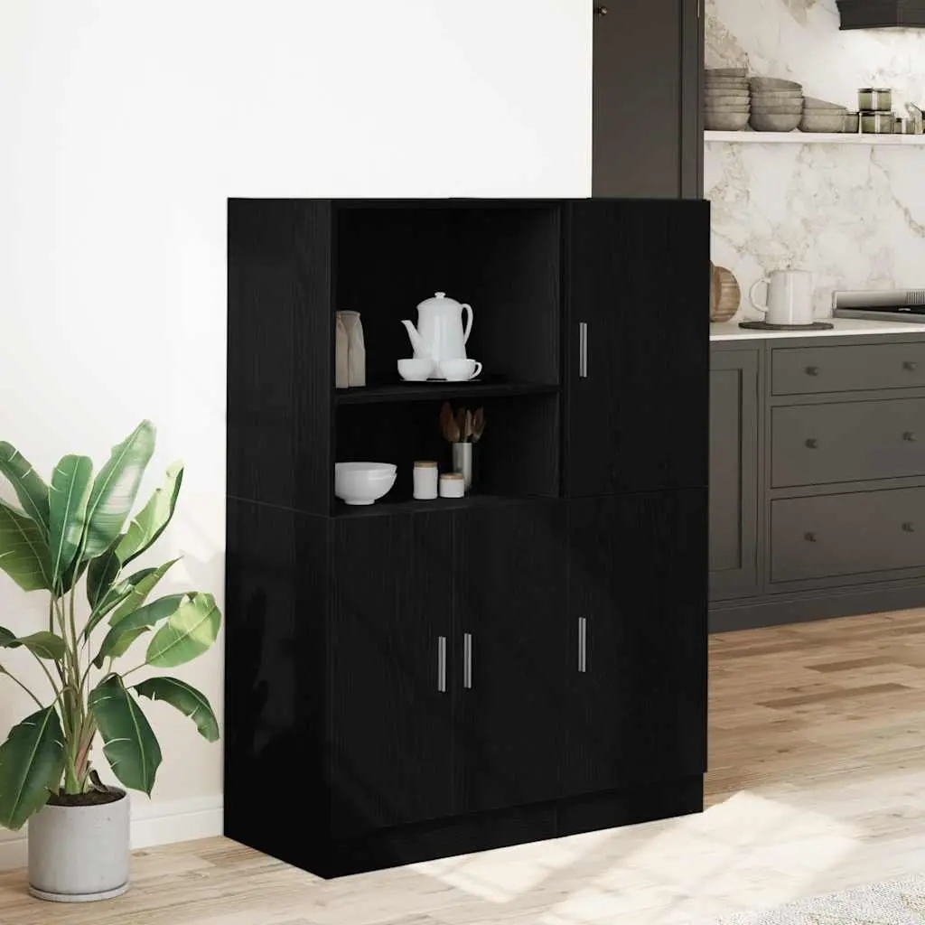 2 Piece Kitchen Cabinet Set Black Wall Mounted Storage Shelves Cupboard Unit