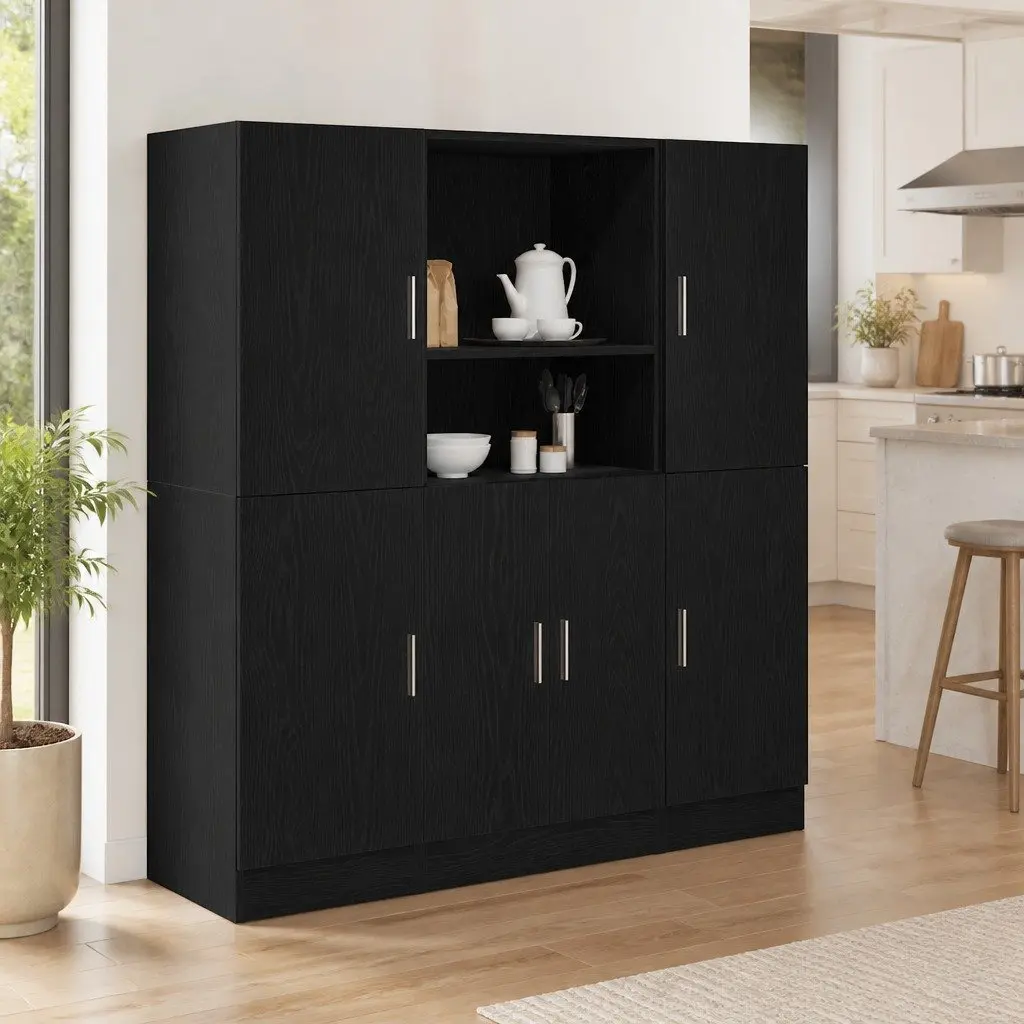 3 Piece Black Kitchen Cabinet Set with Shelves