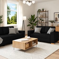 Stylish 3 Piece Black Sofa Set in Linen-Blend Fabric