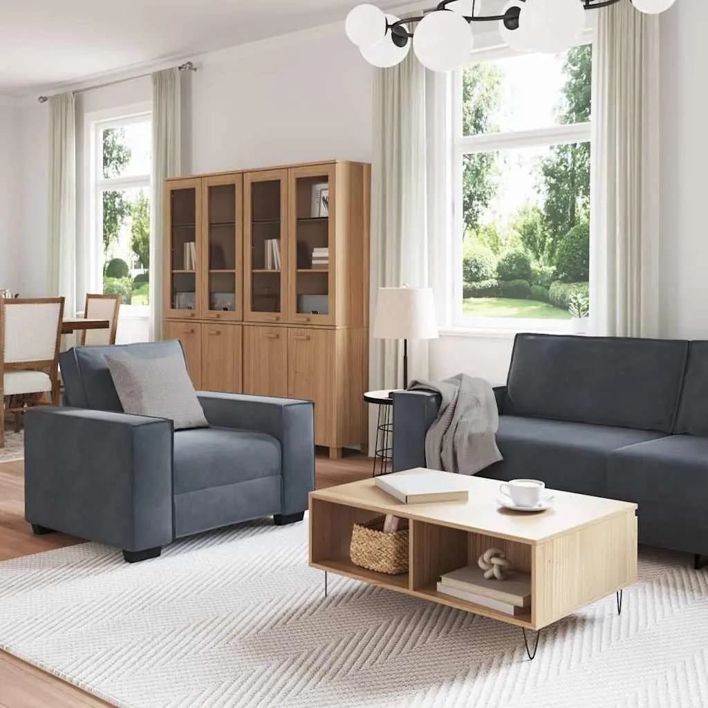 3 Piece Sofa Set Polyester Fabric Grey Velvet
