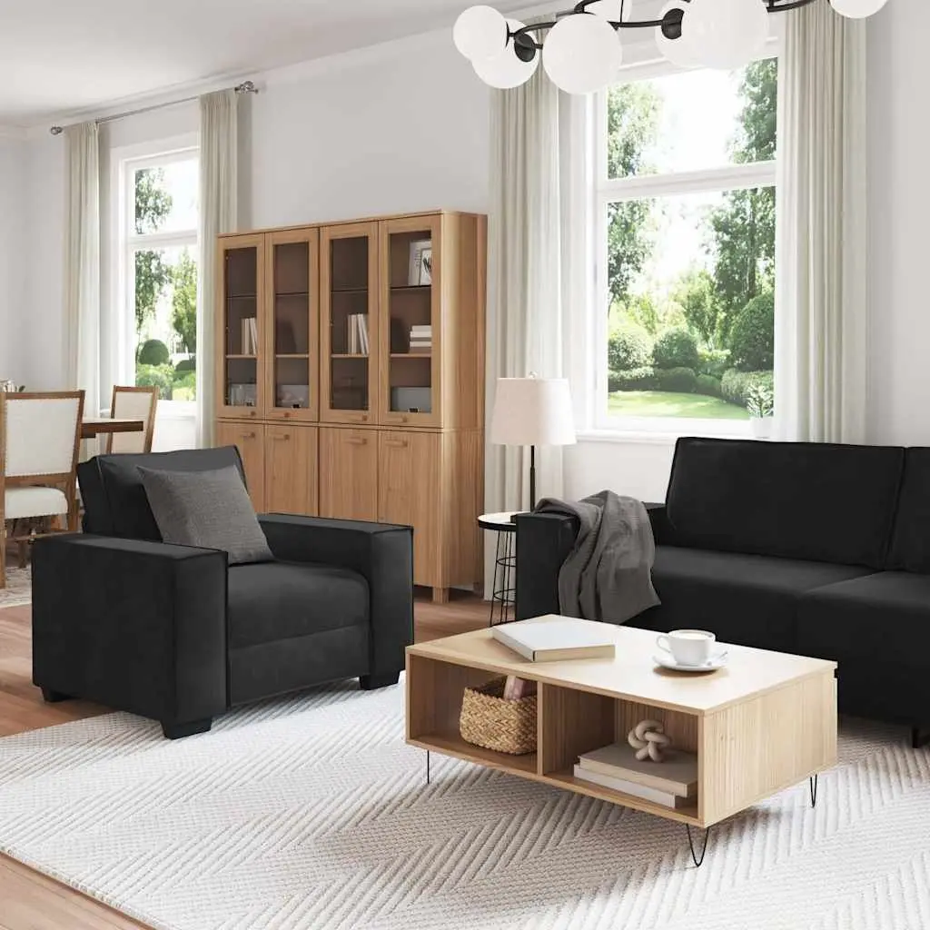 3 Piece Sofa Set Polyester Fabric Black Velvet Upholstered