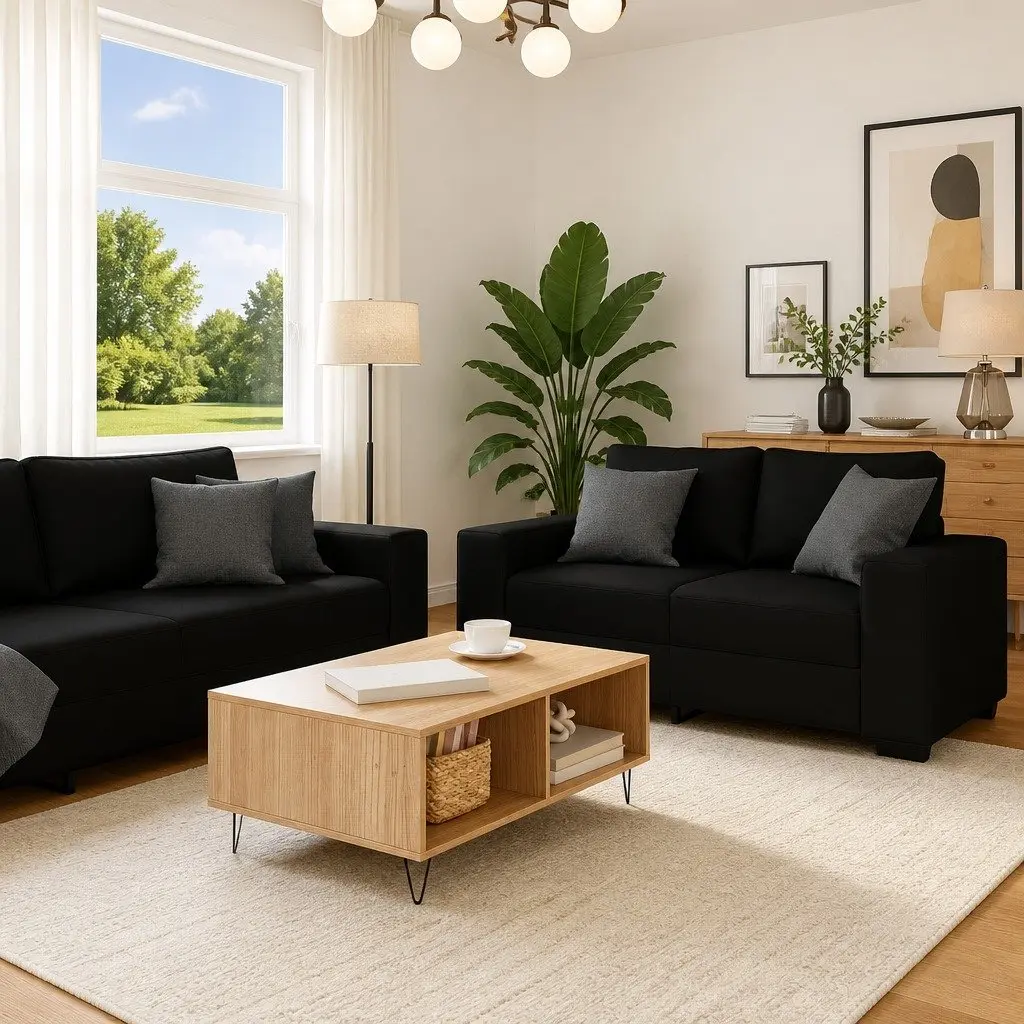 Black Fabric 2 Piece Sofa Set for Living Spaces