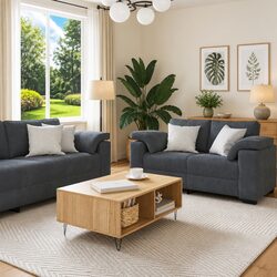 Sturdy Grey Velvet 2 Piece Sofa Set with Cushions