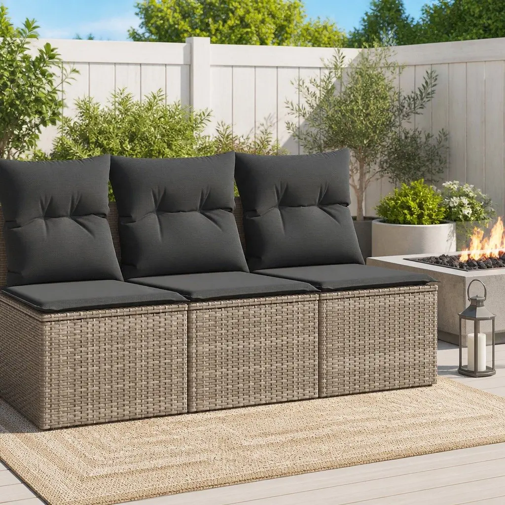 Garden Sofa Set PE Rattan 2 Piece Outdoor Furniture Grey with Cushions Storage