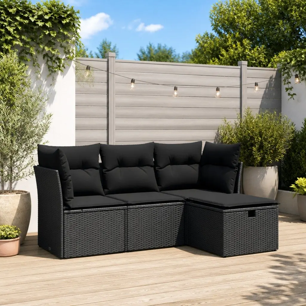 Garden Sofa Set Poly Rattan 4 Piece Outdoor Furniture Black with Cushions