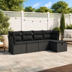 5-Piece Black Poly Rattan Garden Sofa Set with Storage
