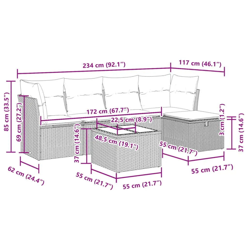 Grey Modular 6-Piece Garden Sofa Set with Cushions