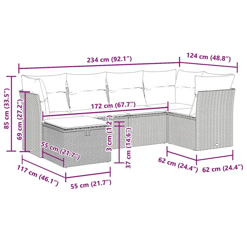 Garden Sofa Set PE Rattan 6 Piece Modular Outdoor Furniture Grey