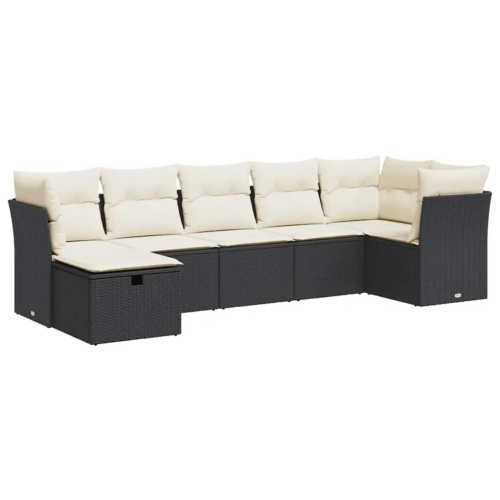 7 Piece Outdoor Garden Sofa Set PE Rattan Black Patio Furniture with Cushions