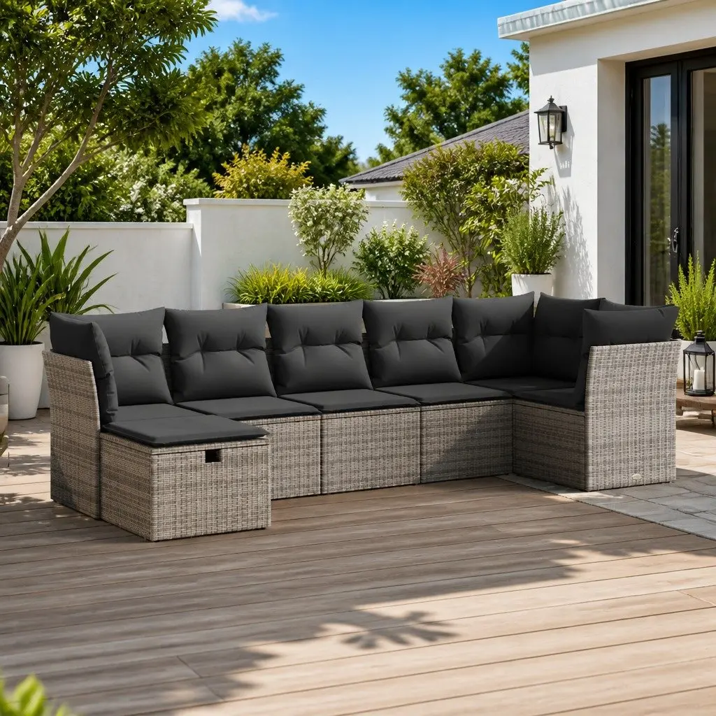 7-Piece Grey Poly Rattan Garden Sofa Set for Outdoors