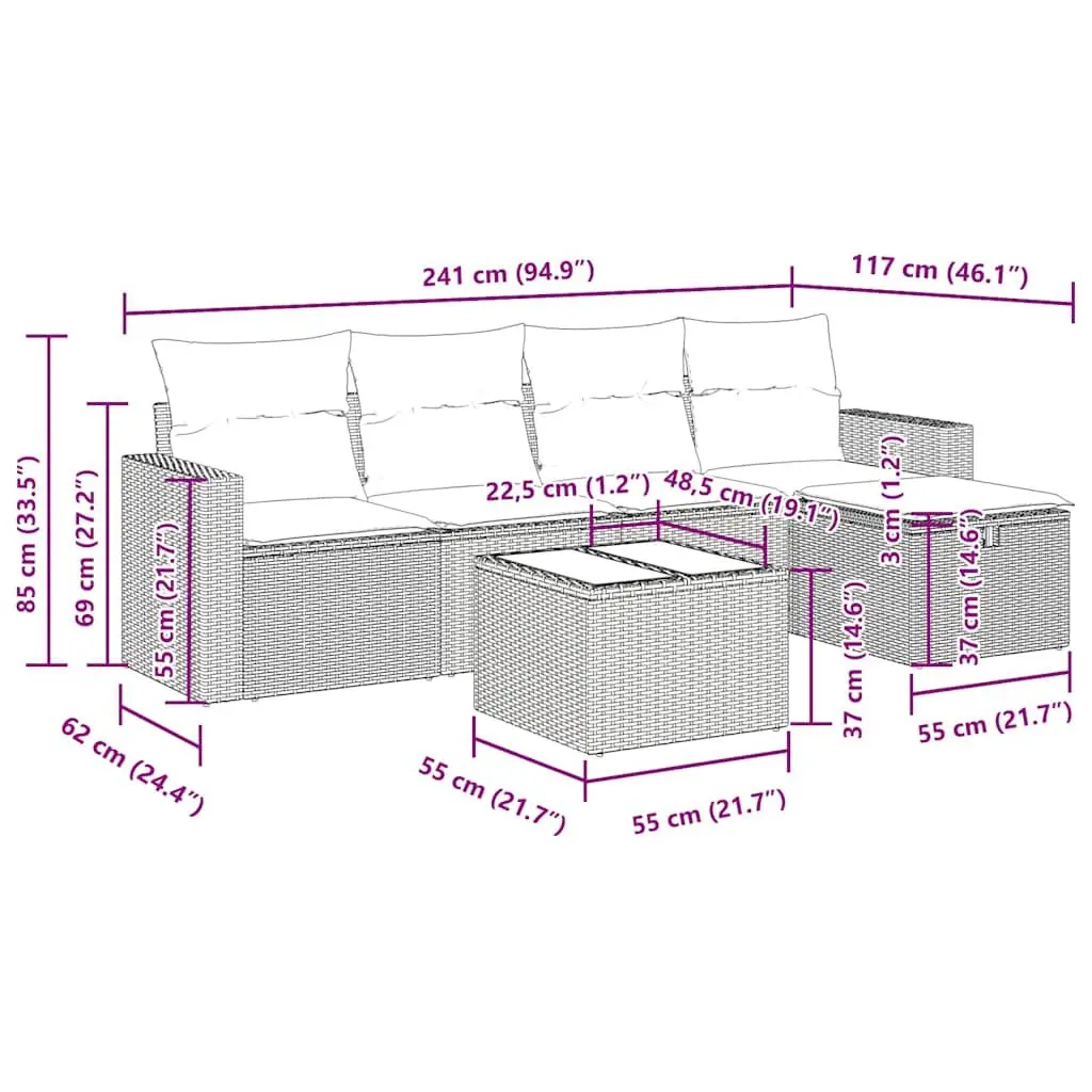 6-Piece Black Modular Garden Sofa Set for Outdoor Spaces