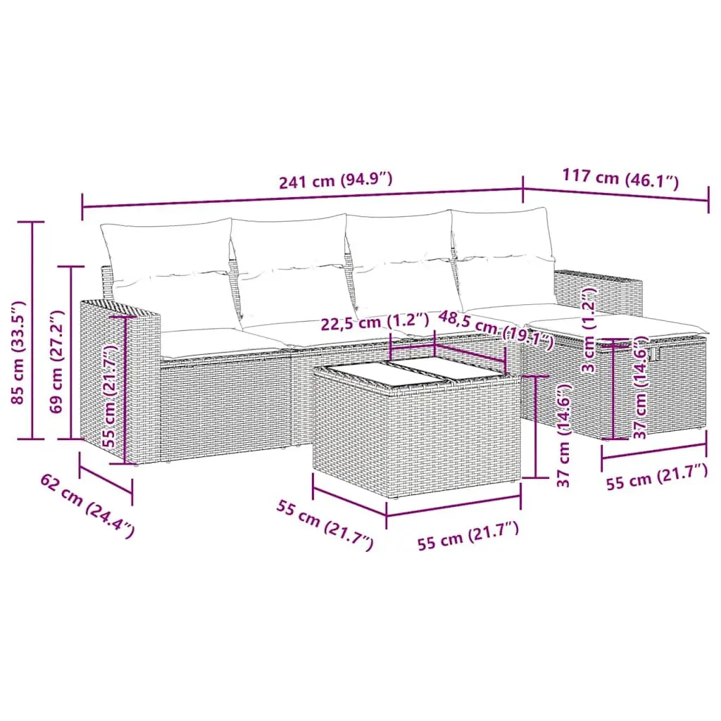 Modular Black Poly Rattan 6-Piece Garden Sofa Set