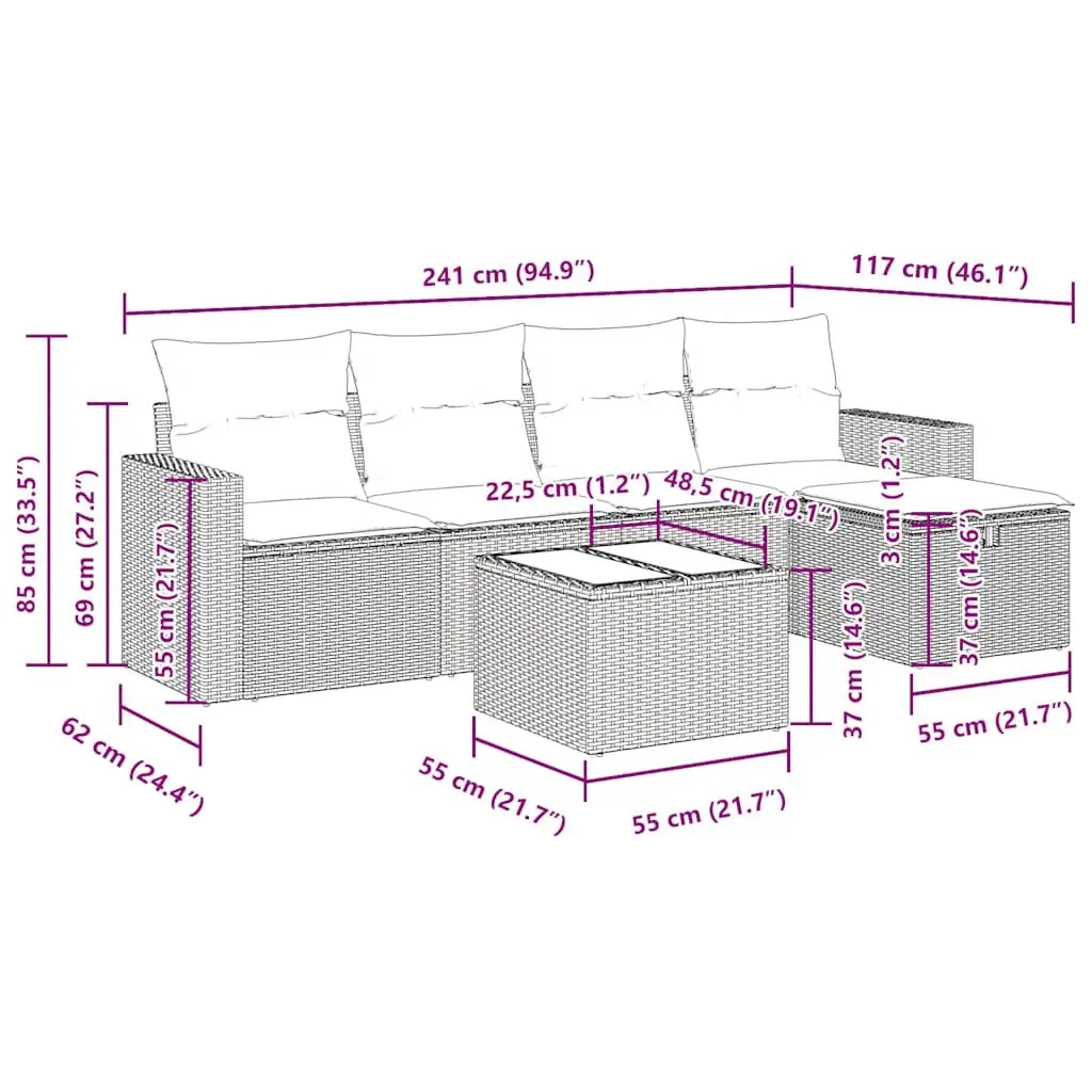 Modular Outdoor Lounge Set 6-Piece Grey Poly Rattan