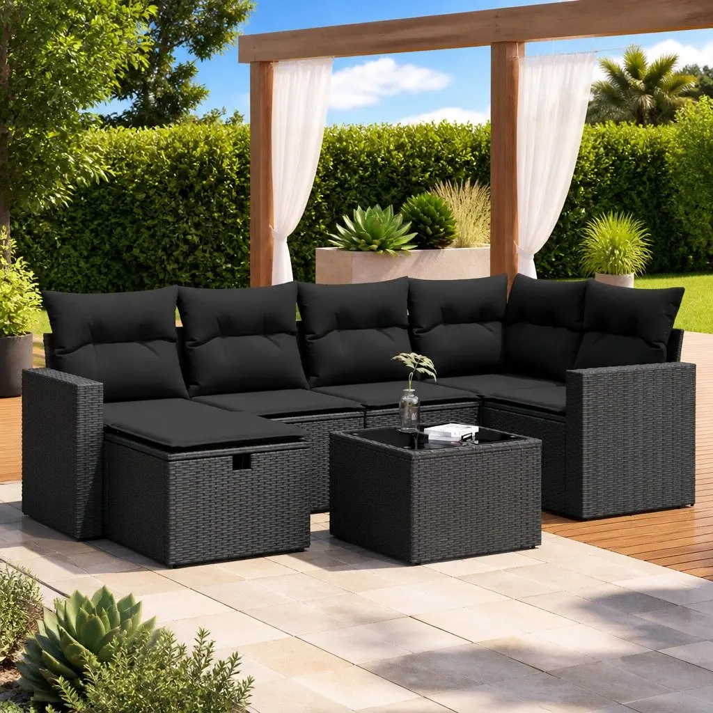 7 Piece Black Poly Rattan Garden Sofa Set