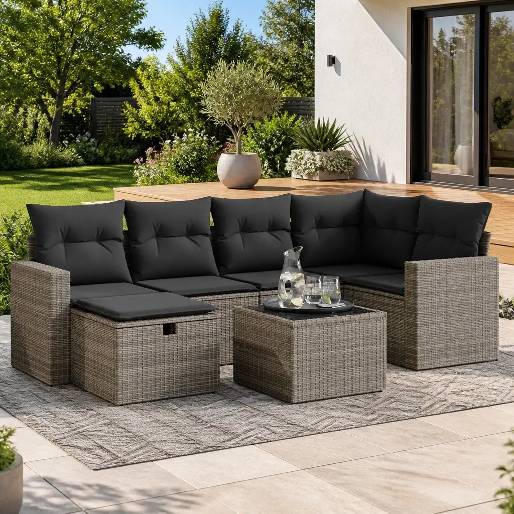 Garden Sofa Set PE Rattan 7 Piece Grey Outdoor Furniture Patio Sectional with Cushions