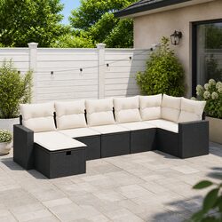 Black Poly Rattan 7 Piece Garden Sofa Set with Cushions