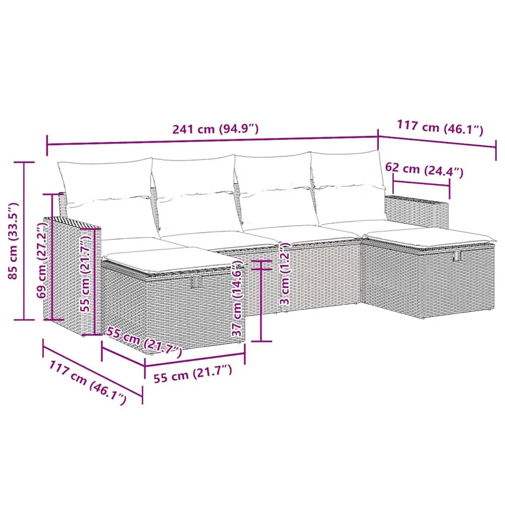 6-Piece Black Rattan Garden Sofa Set