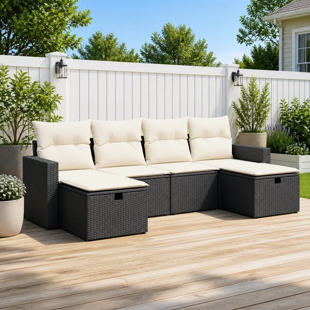 Outdoor Sofa Set PE Rattan 6 Piece Black Modular Patio Furniture