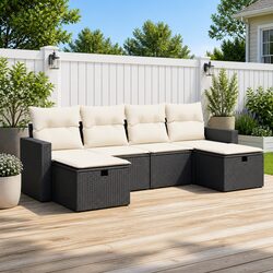 Premium 6 Piece Black Poly Rattan Outdoor Sofa Set