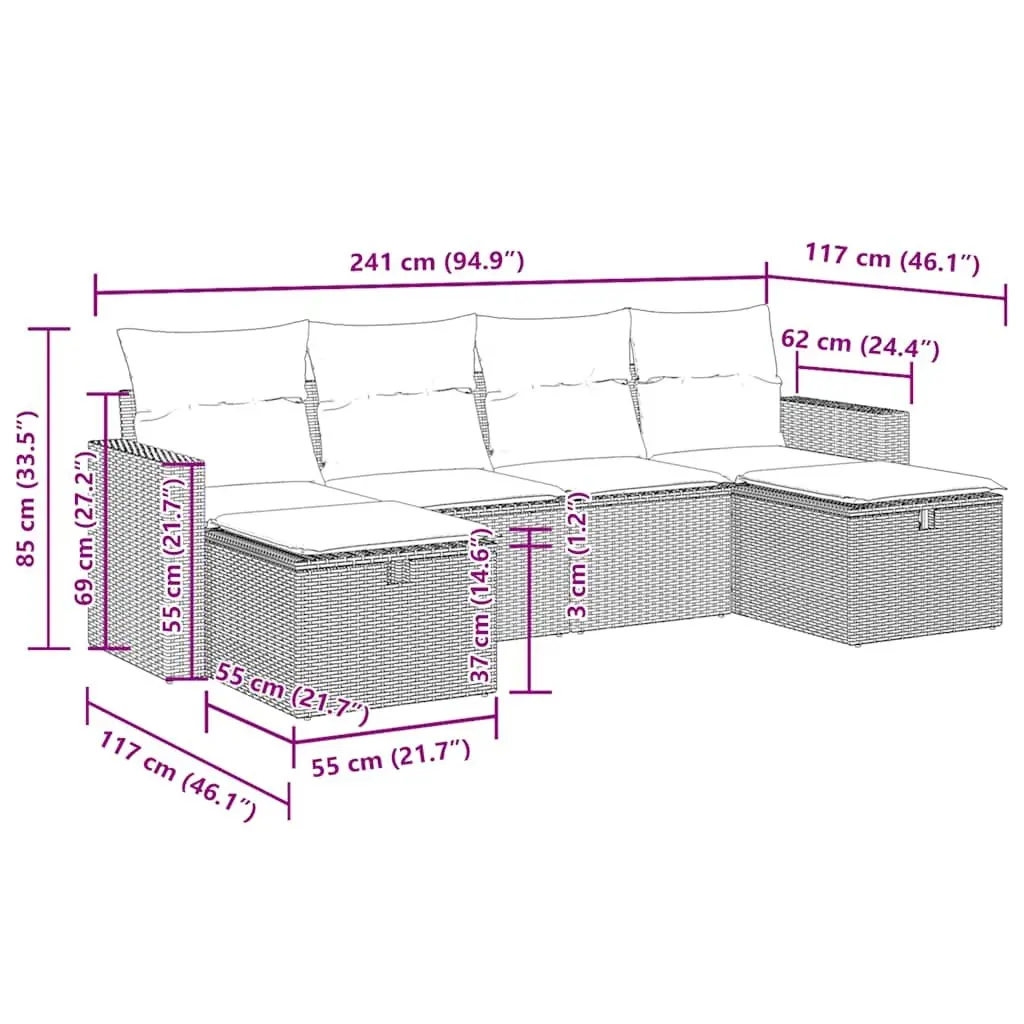 Garden Sofa Set PE Rattan 6 Piece Outdoor Furniture Grey with Storage Cushions