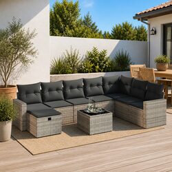 9-Piece Grey Poly Rattan Garden Sofa Set for Outdoors