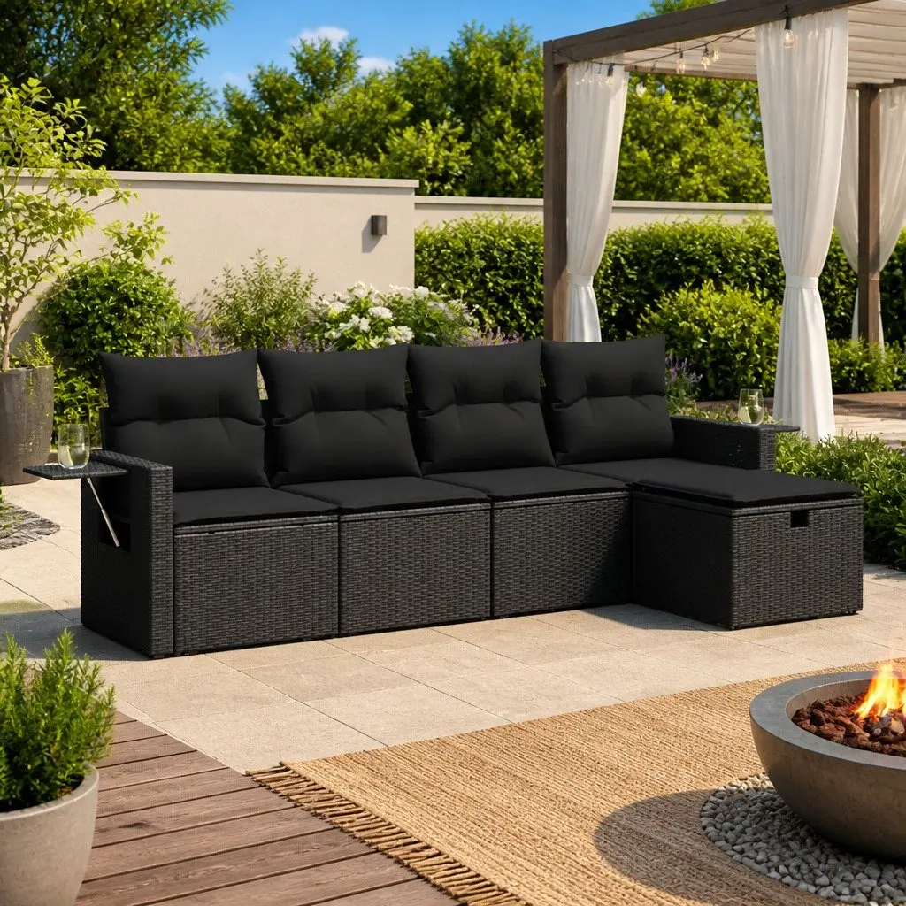 Garden Sofa Set PE Rattan 5 Piece Outdoor Furniture with Cushions Storage Black