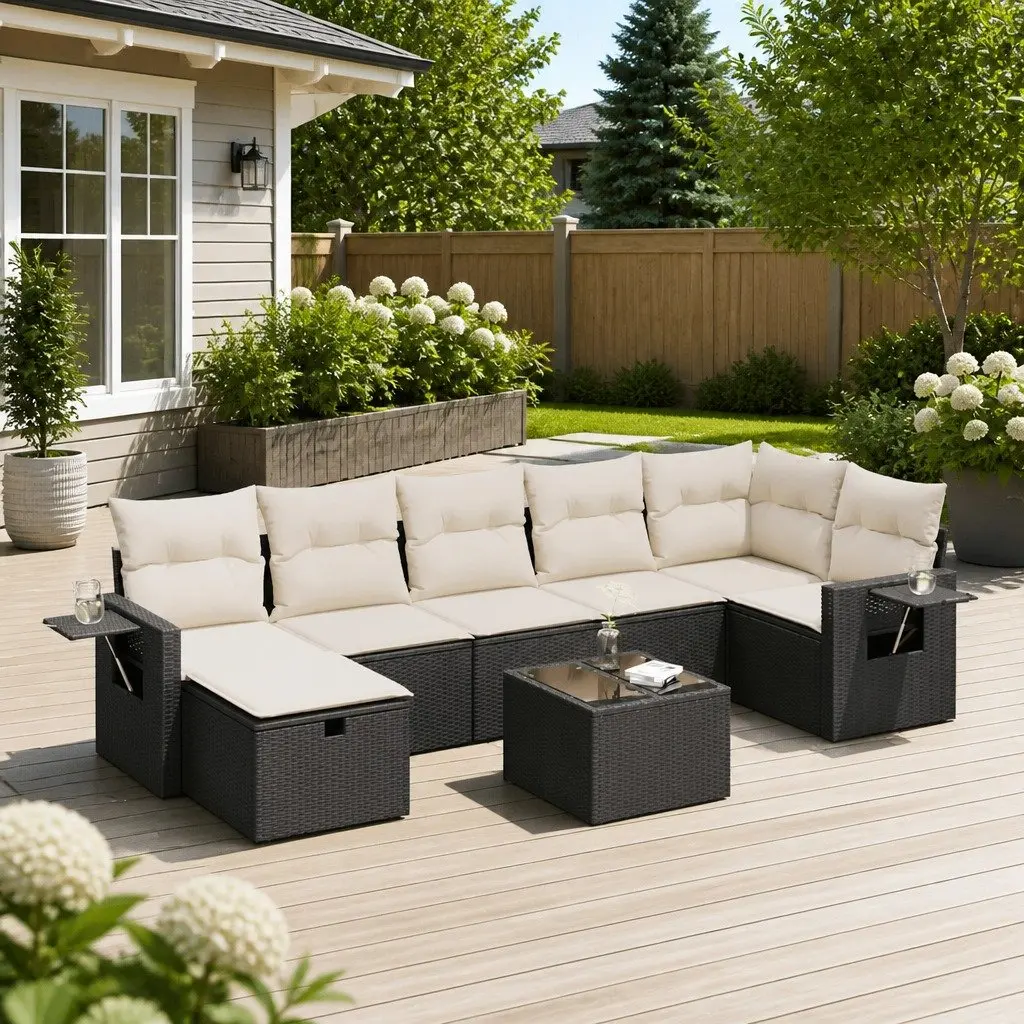 Garden Sofa Set PE Rattan 8 Piece Outdoor Furniture Patio Lounge with Cushions Black