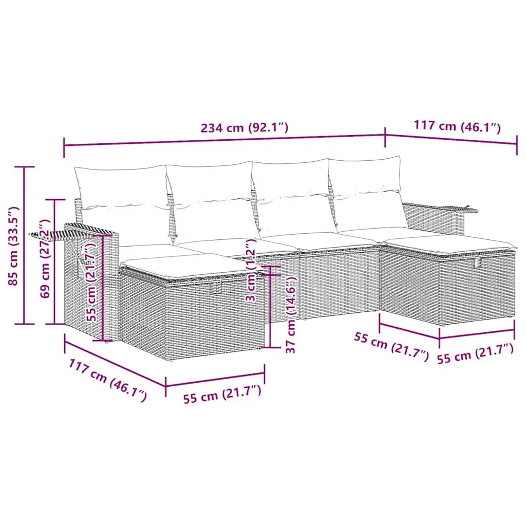 Garden Sofa Set PE Rattan 6 Piece Black Outdoor Furniture Patio Lounge