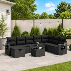 Durable 9 Piece Black Rattan Outdoor Sofa Set with Cushions