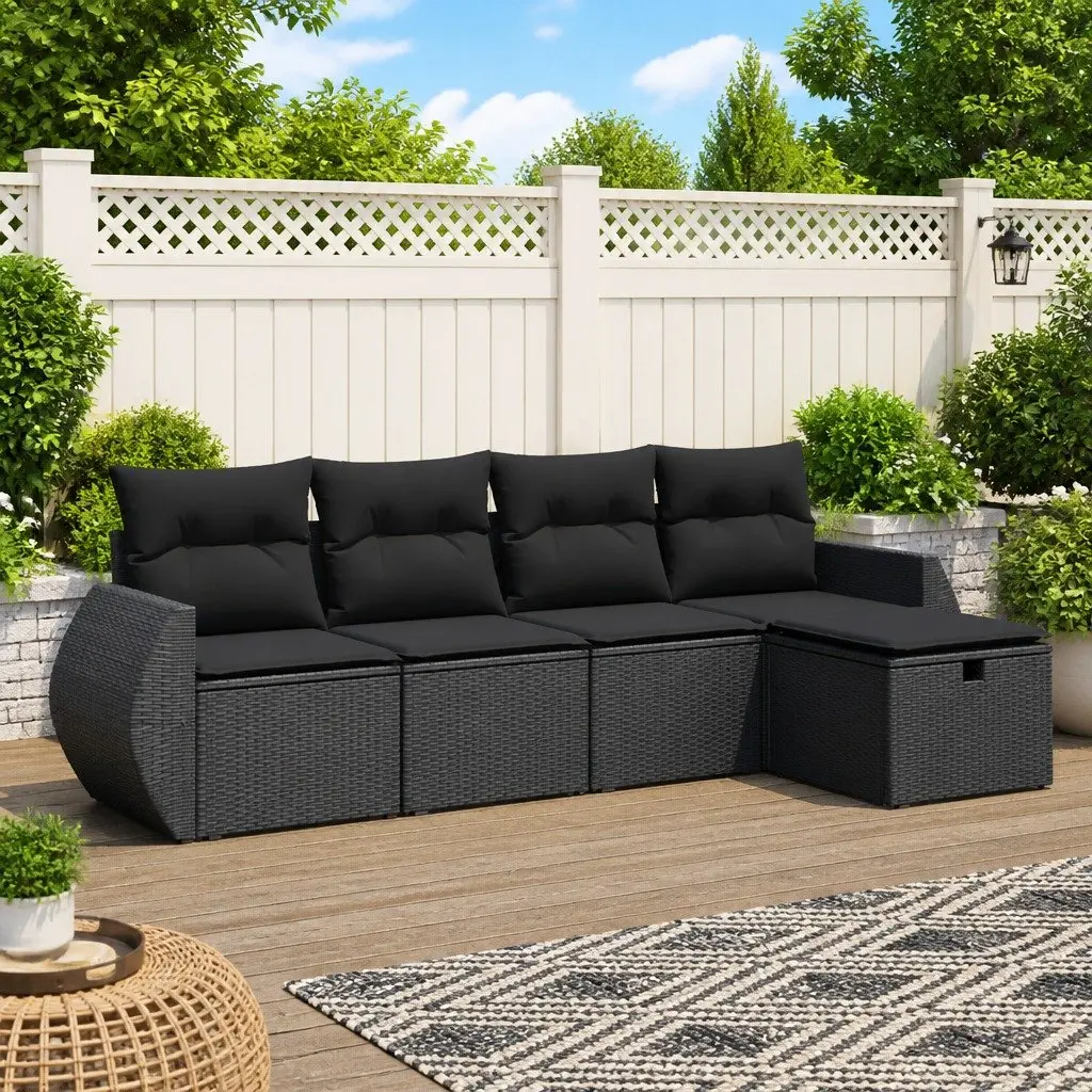 5 Piece Black Poly Rattan Garden Sofa Set