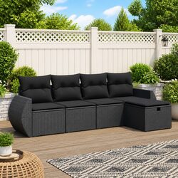 5 Piece Black Poly Rattan Garden Sofa Set
