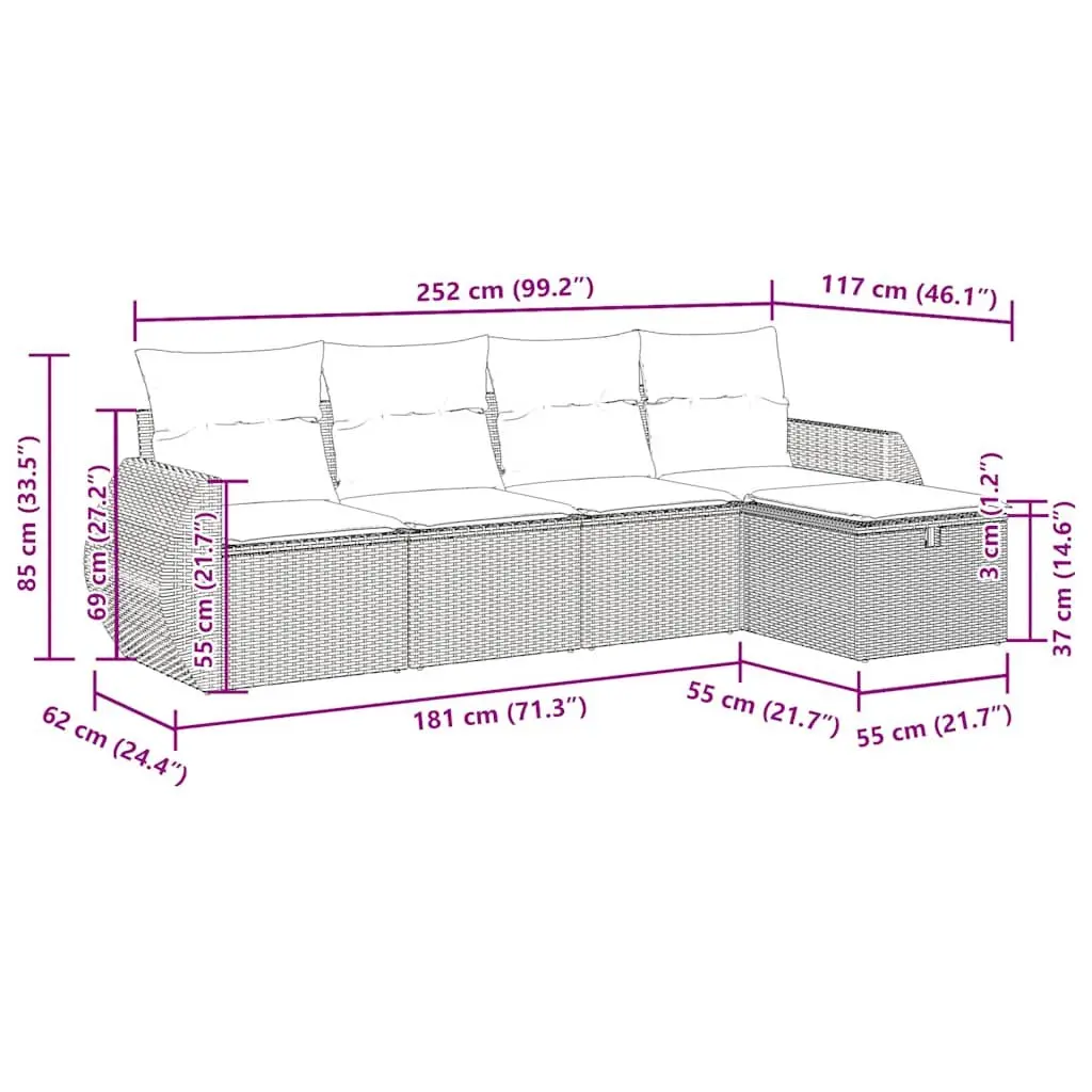 5-Piece Grey Poly Rattan Garden Sofa Set