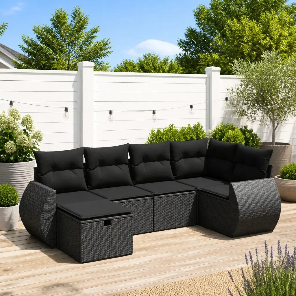6-Piece Black Poly Rattan Garden Sofa Set