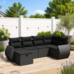 Premium 6-Piece Black Poly Rattan Garden Sofa Set
