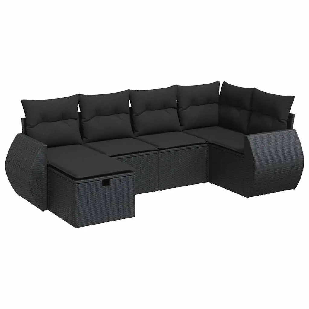 6-Piece Black Poly Rattan Garden Sofa Set