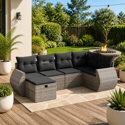 Stylish 6 Piece Grey Poly Rattan Garden Sofa Set