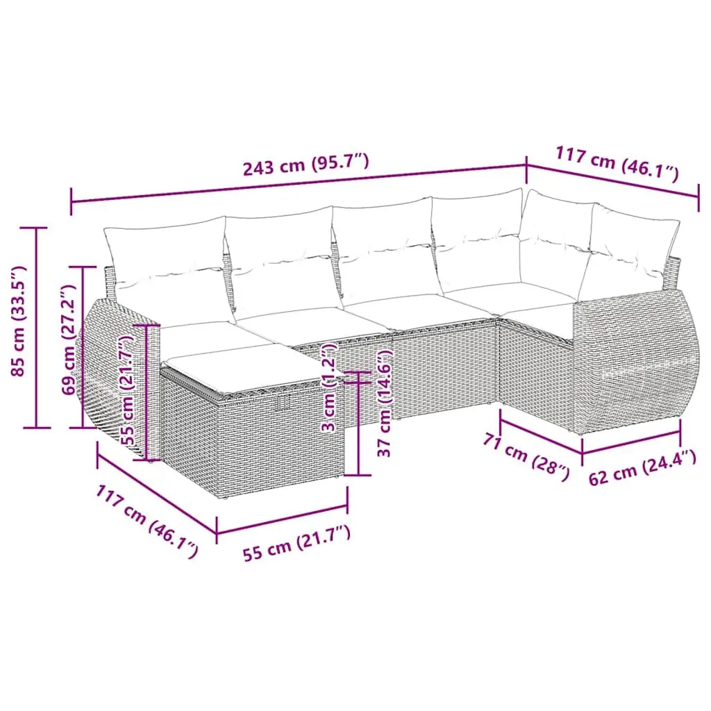 6 Piece Grey Poly Rattan Garden Sofa Set