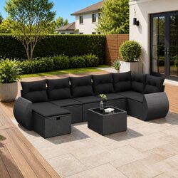 8 Piece Modular Black Poly Rattan Garden Sofa Set