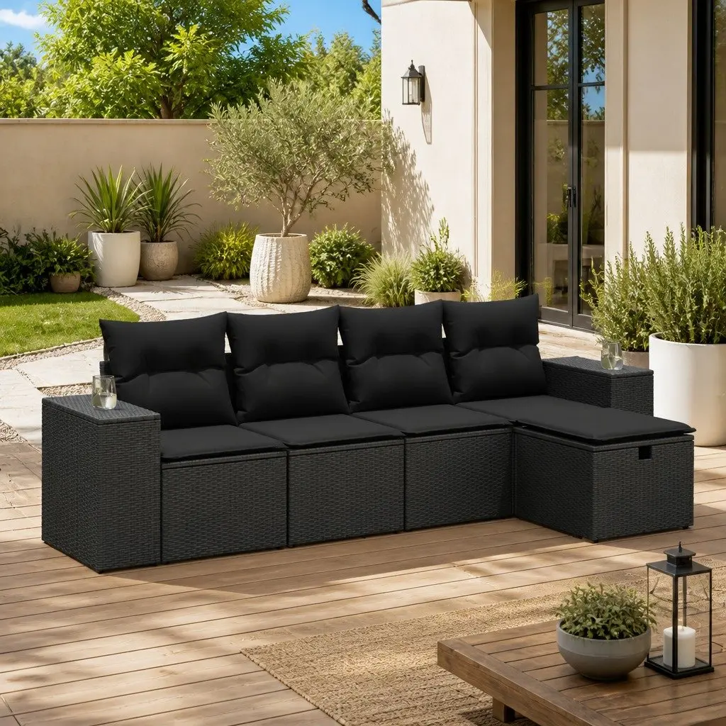 5 Piece Black Poly Rattan Garden Sofa Set