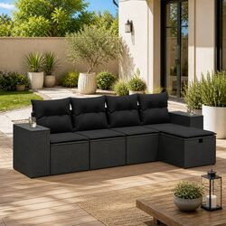 Premium 5 Piece Black Poly Rattan Garden Sofa Set