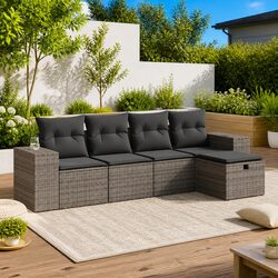 Sturdy 5 Piece Grey Garden Sofa Set with Storage Footstool