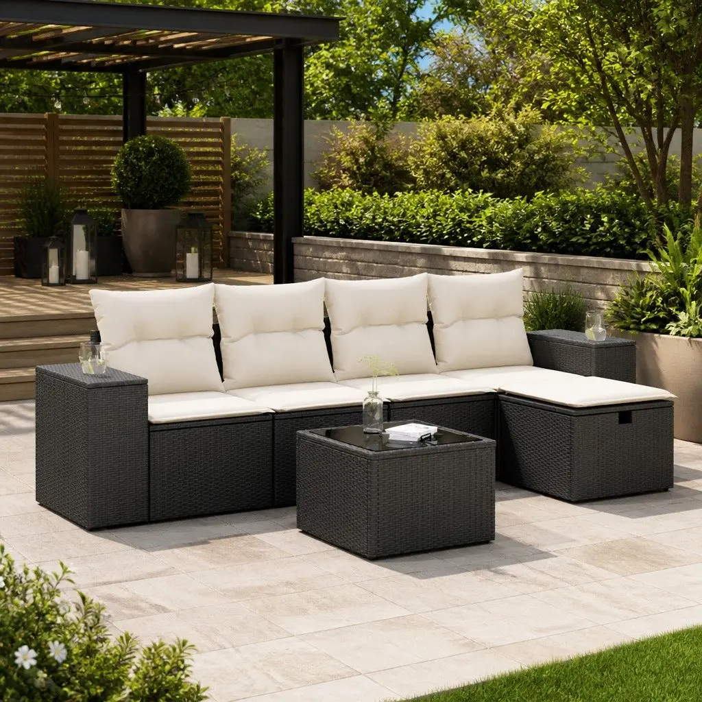 Garden Sofa Set PE Rattan 6 Piece Outdoor Furniture Modular Black